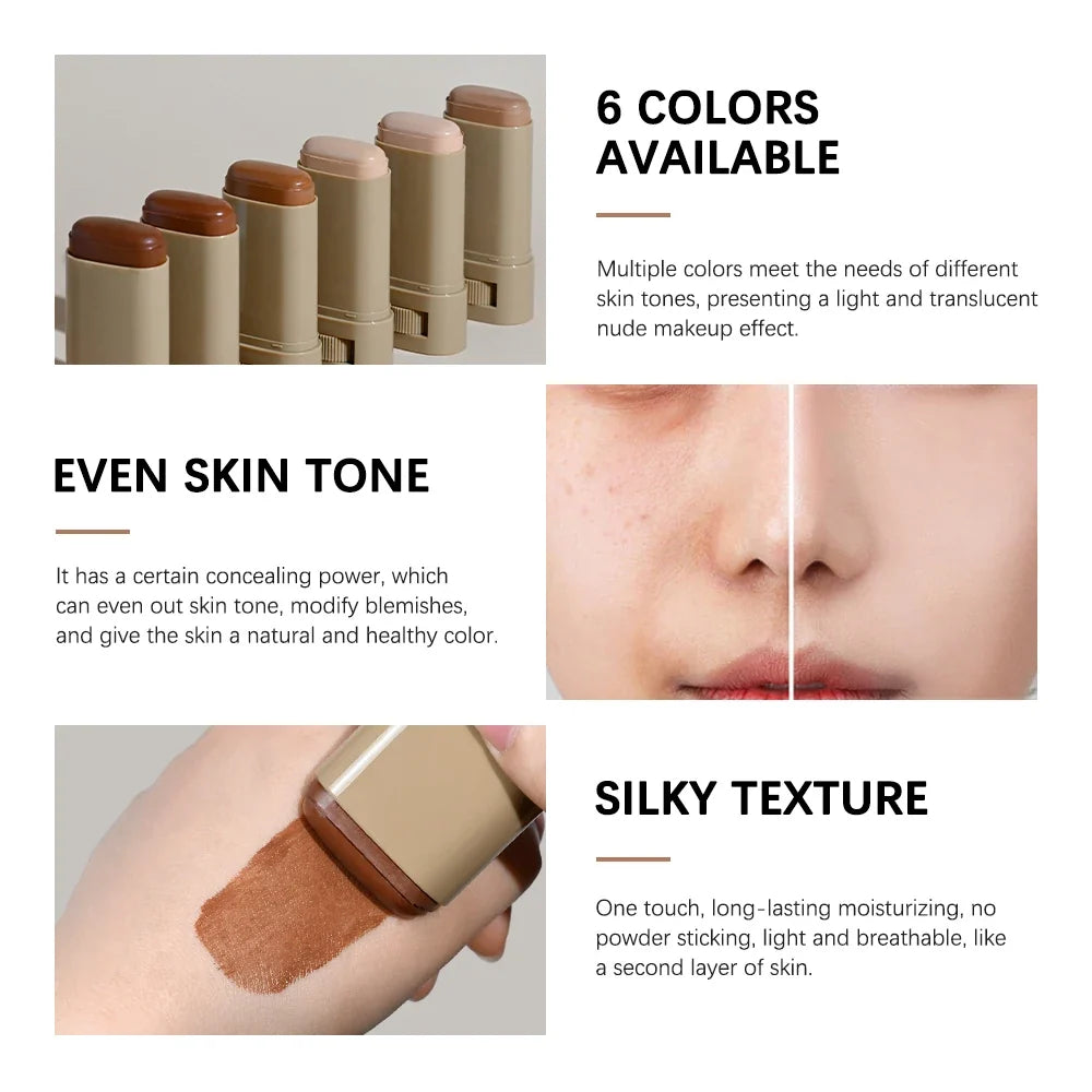 Blushimmer skin tint foundation stick with eraser concealer, serum boost, and high coverage for a smooth, travel-friendly bronze finish