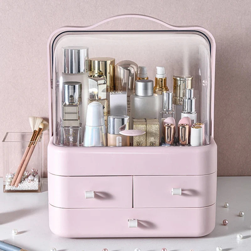 Blushimmer cosmetics receiving box with dust-proof lid and drawer, desktop makeup organizer for skincare and household storage.