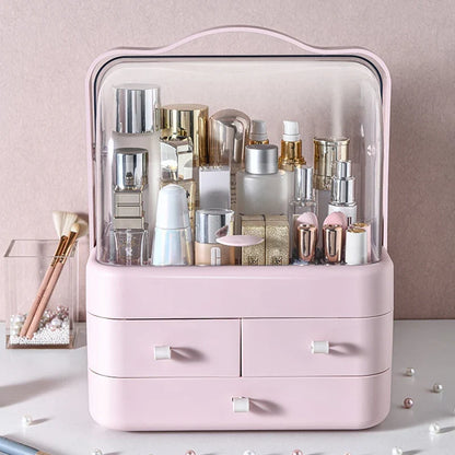 Blushimmer cosmetics receiving box with dust-proof lid and drawer, desktop makeup organizer for skincare and household storage.
