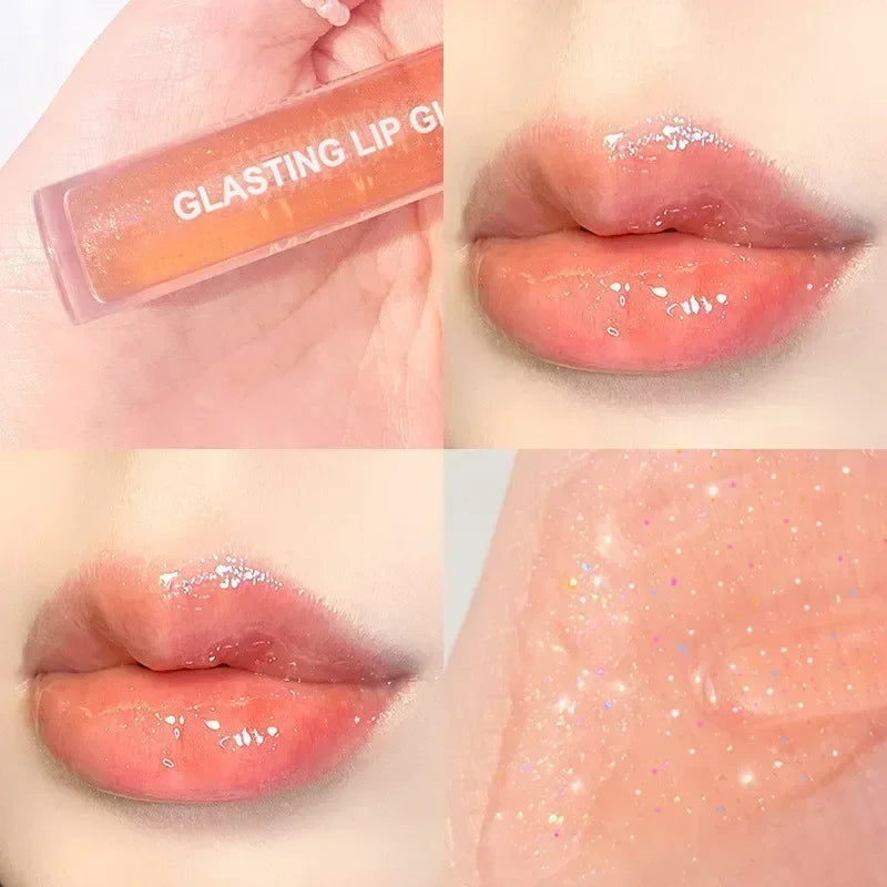 Blushimmer water lip gloss in transparent glass tube, showcasing glossy, waterproof liquid lipstick and lip oil for shiny lips.