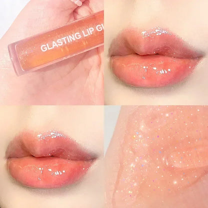 Blushimmer water lip gloss in transparent glass tube, showcasing glossy, waterproof liquid lipstick and lip oil for shiny lips.