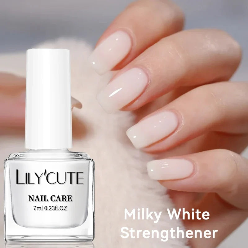 LilYCUTE 7ml milky white pink nail care polish by Blushimmer, long-lasting strengthener with fast drying effect, no lamp needed.