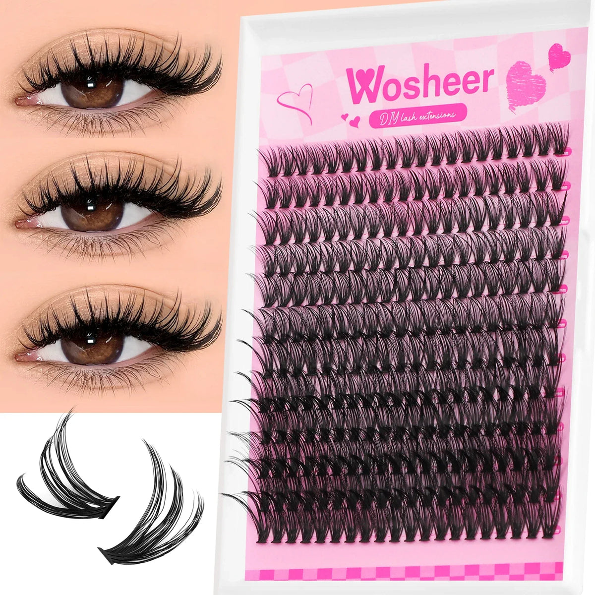 Blushimmer WOSHEER eyelash clusters kit with faux mink lashes, lash bond, seal, and remover for DIY eyelash extension application.