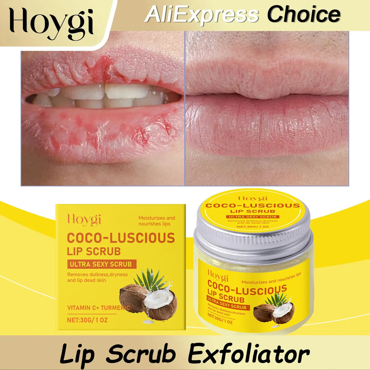 Blushimmer HOYGI Turmeric Lip Scrub with coconut oil, moisturizing and exfoliating balm for soft, smooth lips and dead skin removal.