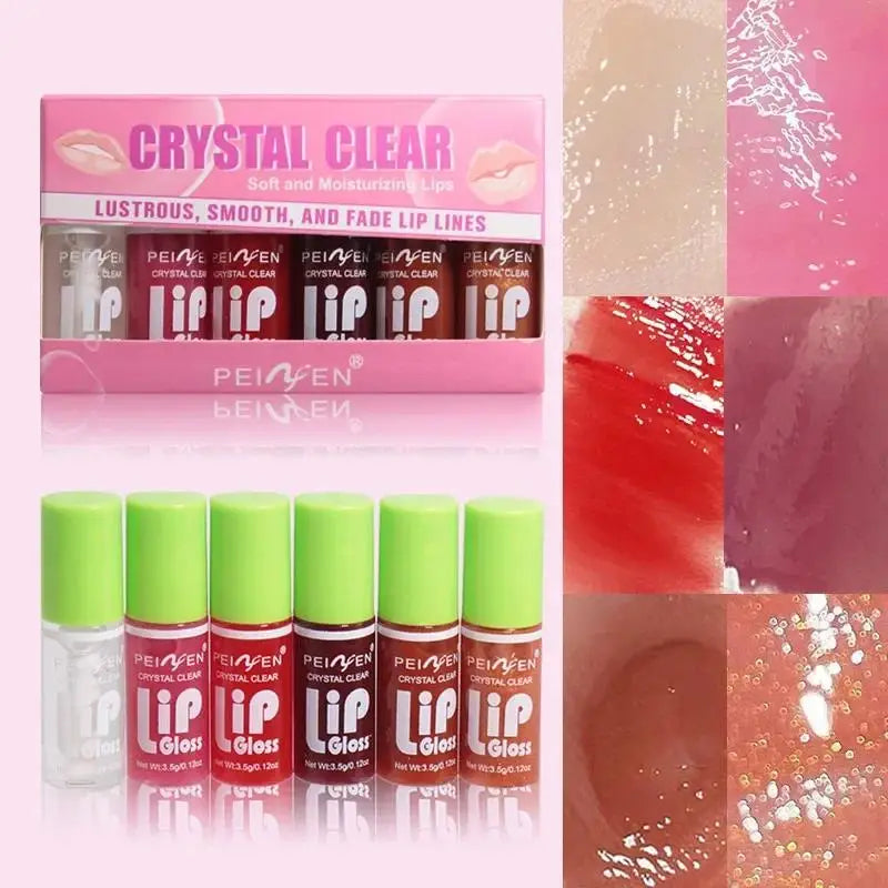 Six-piece Blushimmer glass mirror lip gloss set with hydrating, lightweight glosses in peach, cherry pink, and shimmering sheer tints.