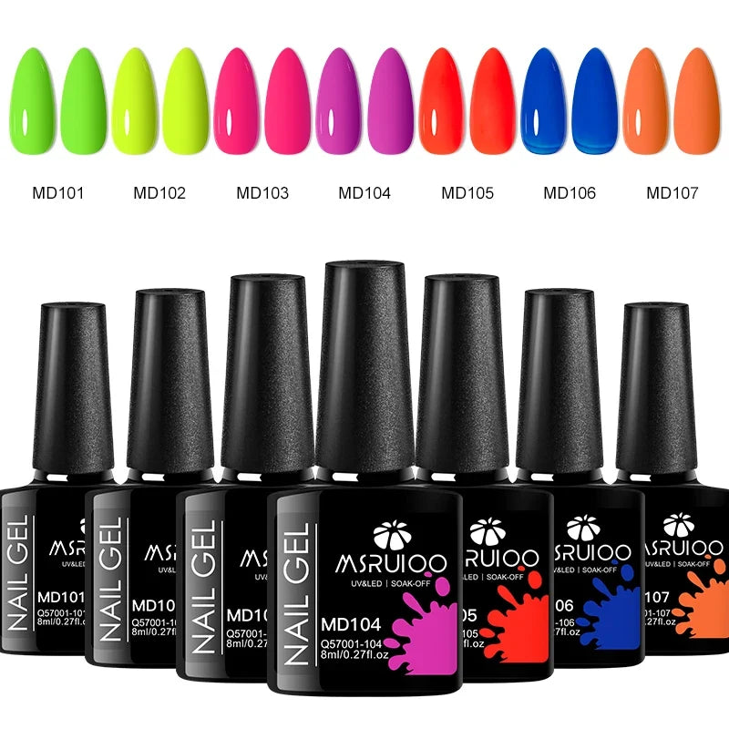 Blushimmer 7-piece gel nail polish set with vibrant colors and tools for DIY nail art, long-lasting UV and soak-off gel manicure.