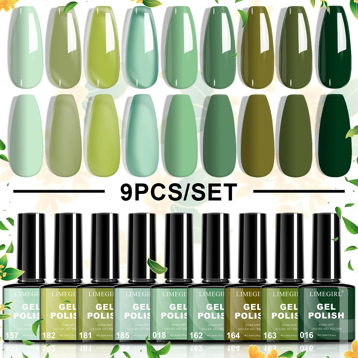 LIMEGIRL 9-color gel nail polish set by Blushimmer with macaron shades for UV LED semi-permanent nail art design.