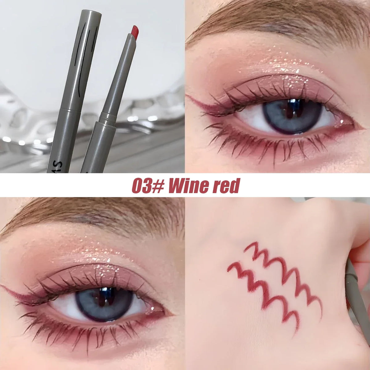 Blushimmer silky long-lasting eye liner pencil in natural matte wine red, waterproof eyeliner pen with easy application.
