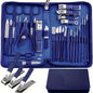 Portable stainless steel manicure set with nail clippers, scissors, and trimming tools for professional finger and toenail care.
