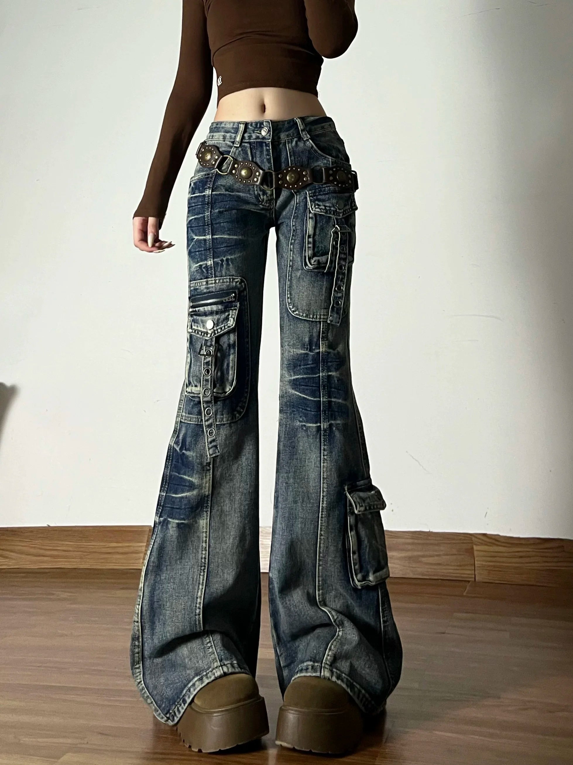 American Vintage Street Style Y2K Jeans Women's High-street Multi-pocket Cargo Flared Floor-grazing Jeans Casual Punk Long Pants