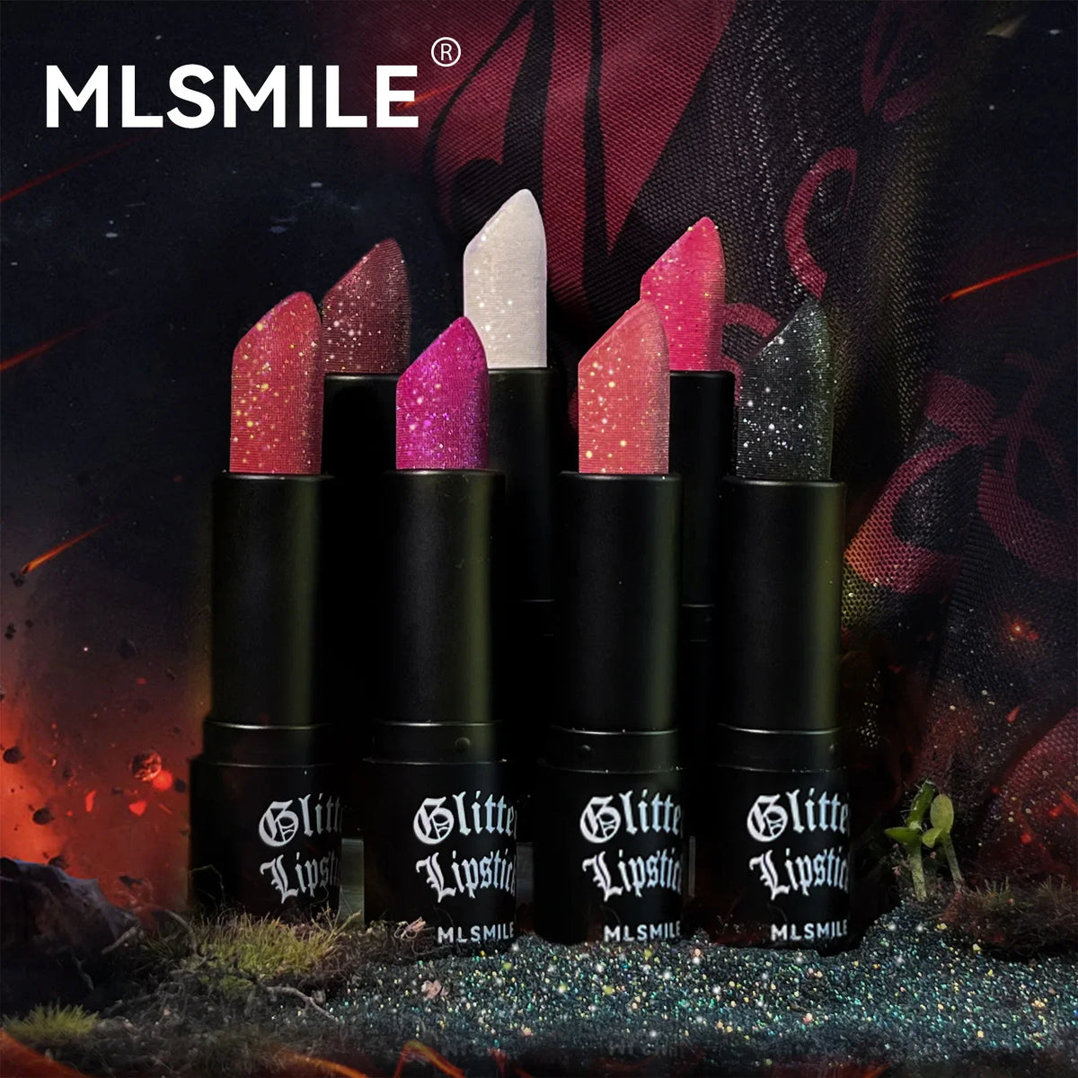Blushimmer glitter lipstick with black lips, showcasing waterproof, long-lasting metallic and diamond pearlescent finish for women.
