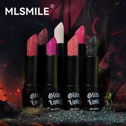 Blushimmer glitter lipstick with black lips, showcasing waterproof, long-lasting metallic and diamond pearlescent finish for women.