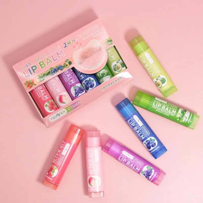 Blushimmer Pennyfun fruit-flavored lip balm set featuring colorful tubes and a variety of ultra-hydrating, moisturizing lip treatments.