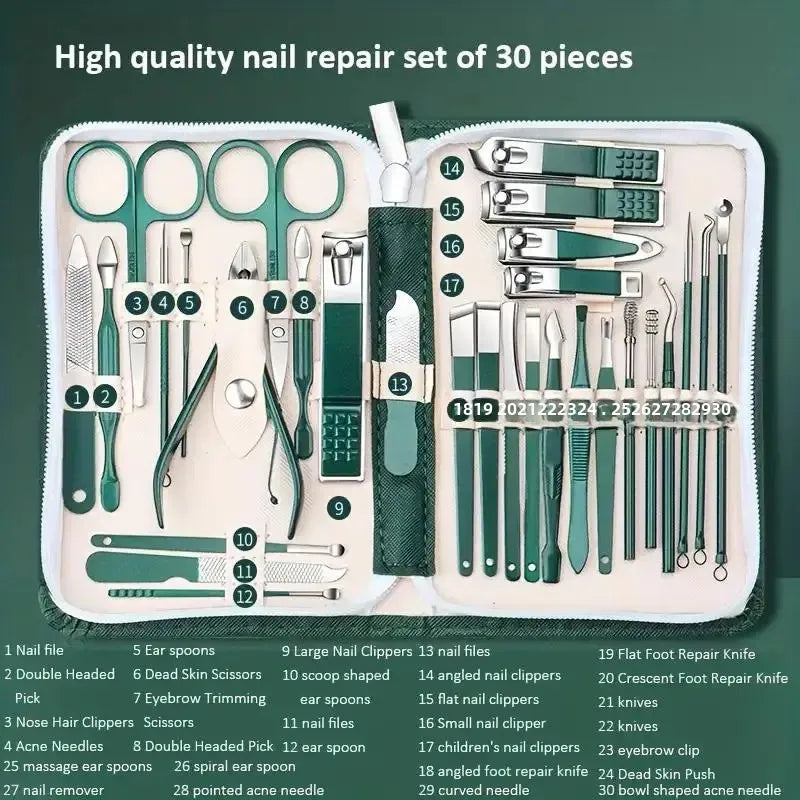 Set of 30 stainless steel manicure and pedicure tools including nail clippers and scissors from Blushimmer in a portable kit.