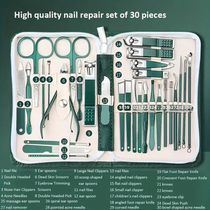 Set of 30 stainless steel manicure and pedicure tools including nail clippers and scissors from Blushimmer in a portable kit.