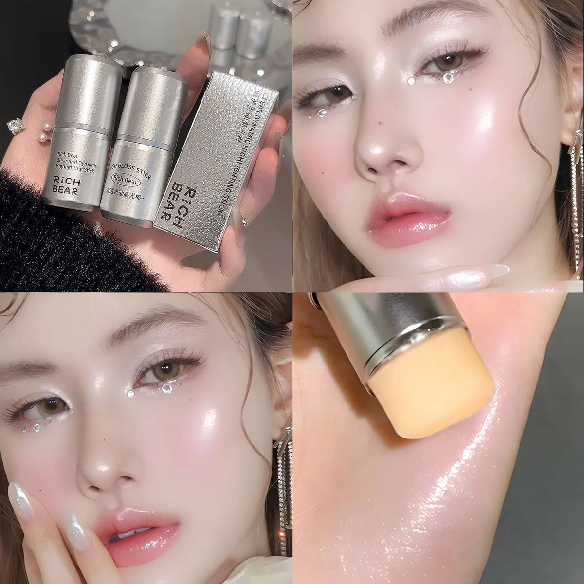 Blushimmer highlighter stick with pearlescent finish, highlighting and contouring eyes for a natural, shiny glow.