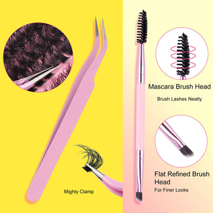 Blushimmer Lash Clusters Kit with natural 10-16mm spiky volume eyelash extensions, featuring individual lash clusters for a dramatic look.