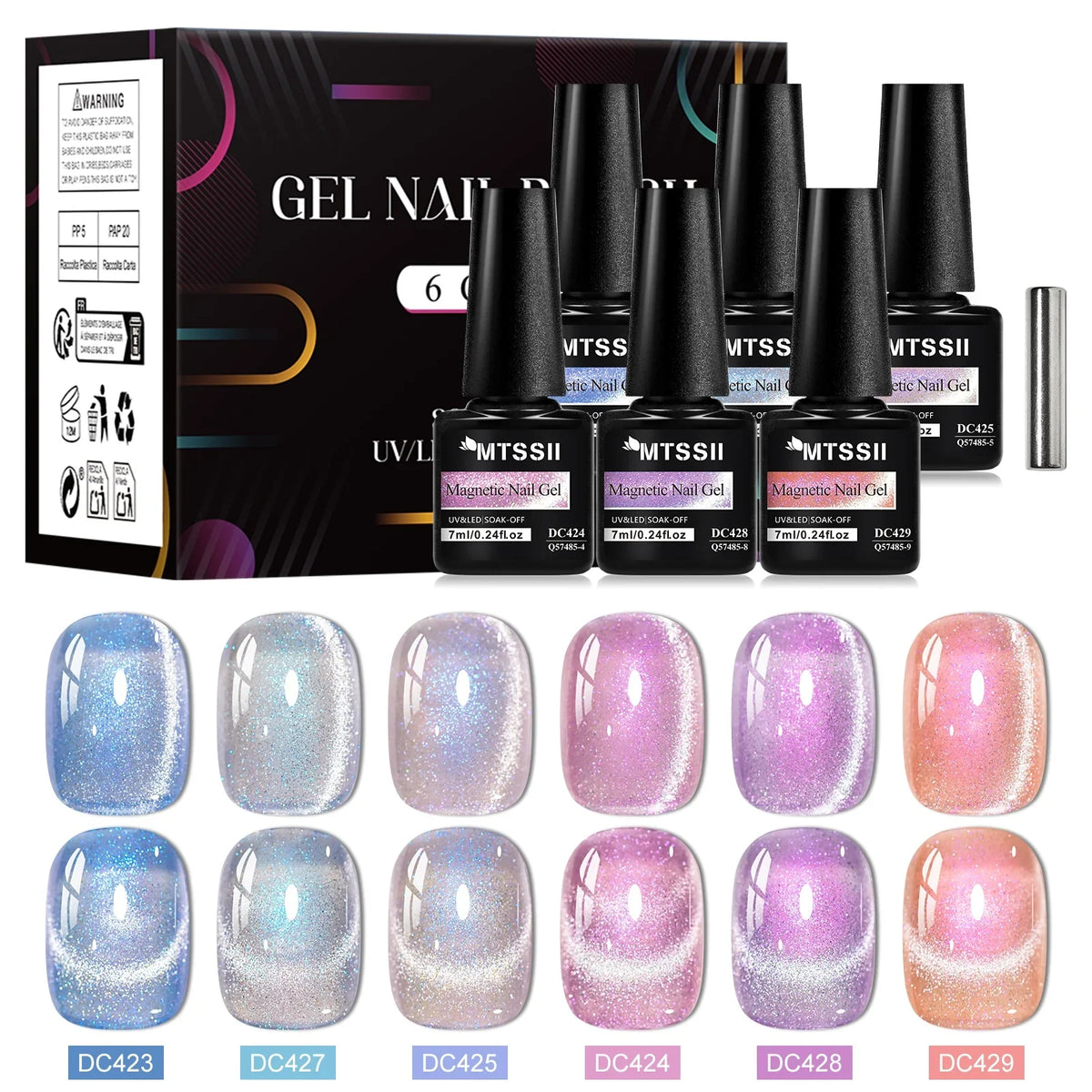 Shiny Blushimmer 7-piece cat-themed magnetic gel nail polish set with pink and colorful shades, includes magnetic rod for semi-permanent UV gel nails.