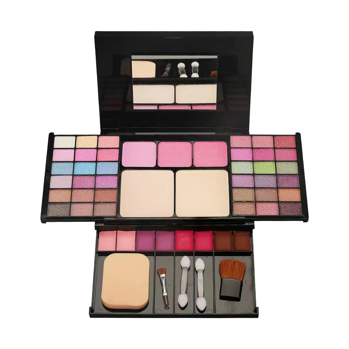 Blushimmer makeup gift set for women with eyebrow powder, lipstick, lip gloss, eyeshadow palette, brushes, shimmer, and glitter details.