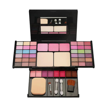 Blushimmer makeup gift set for women with eyebrow powder, lipstick, lip gloss, eyeshadow palette, brushes, shimmer, and glitter details.