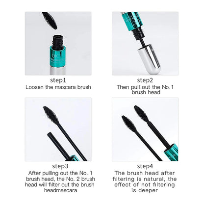 Blushimmer Double In-One Silk Fiber Waterproof Mascara for thick, long black eyelashes and eyelash extensions.