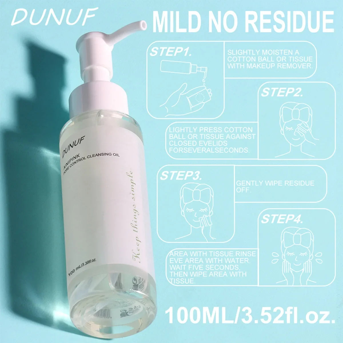 Blushimmer DUNUF 100ml cleansing oil with plant extracts for deep pore cleaning, moisturizing, blackhead reduction, and makeup removal.