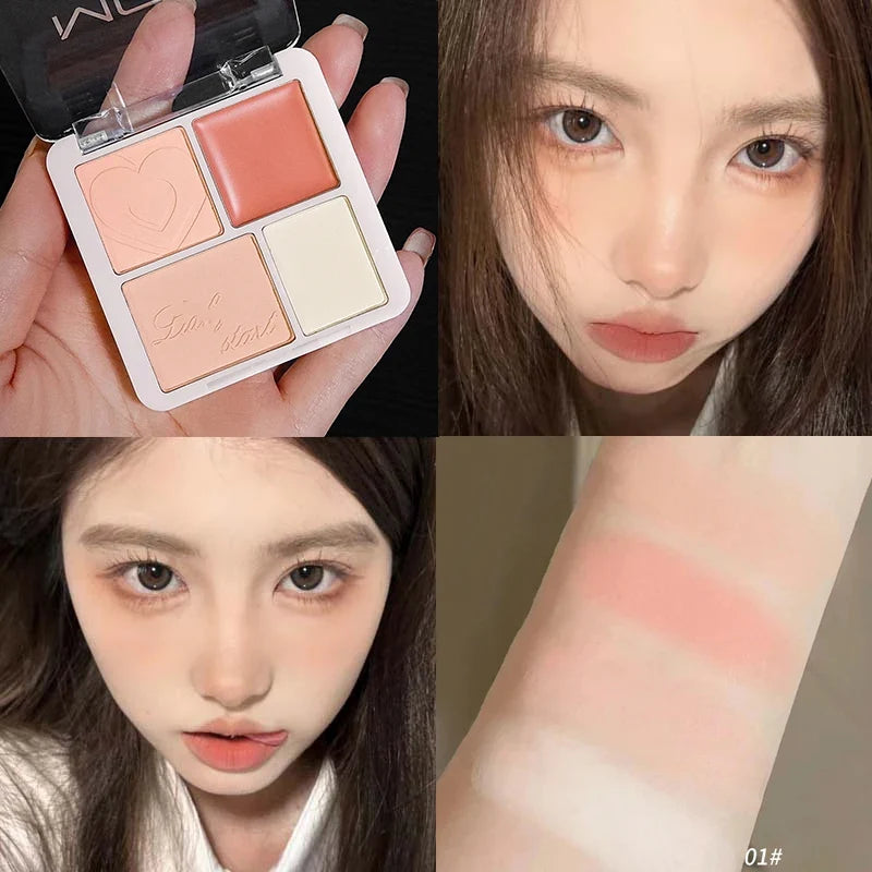 Blushimmer pink peach blush powder and cream palette with highlighter, matte shades, face blusher, and cheek tint makeup.