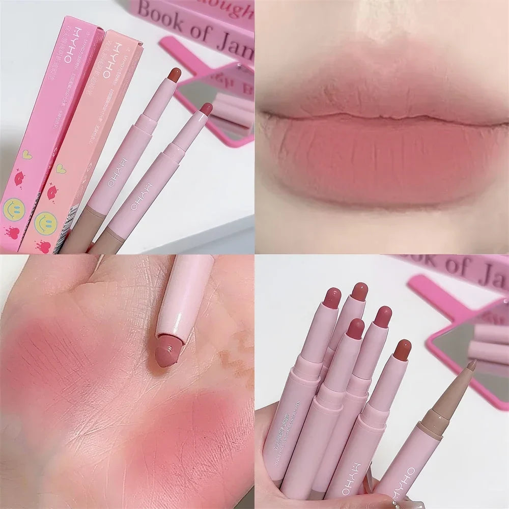 Blushimmer matte lipstick and lip liner in nude pink and sexy red shades, waterproof, long-lasting, velvet finish for lips.