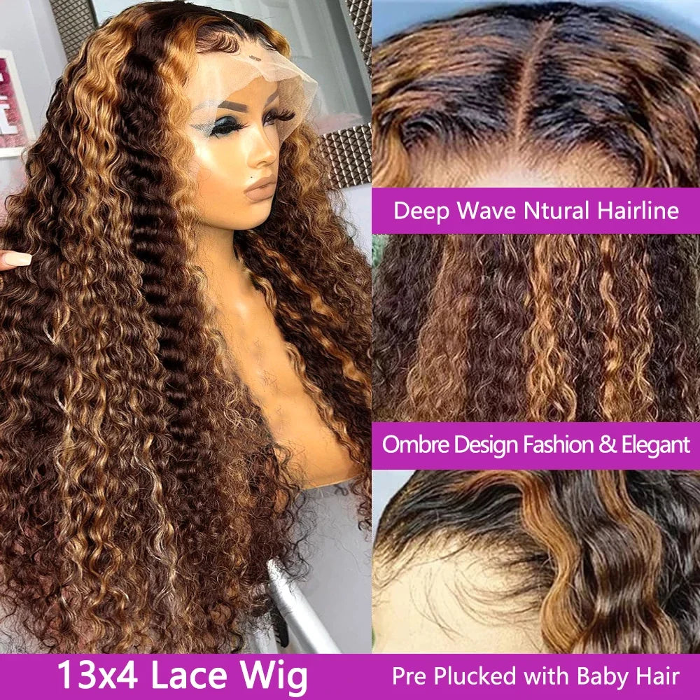 30-inch Selvanelle lace front human hair wig with honey brown highlights, deep wave, 13x6 lace frontal, 250 density, ombre color