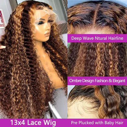 30-inch Selvanelle lace front human hair wig with honey brown highlights, deep wave, 13x6 lace frontal, 250 density, ombre color