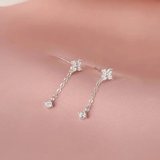 New Silver Color Inlaid Zircon Clover Tassel Earrings For Women Delicate Chain Pendant Earring Party Jewelry Accessories Gifts
