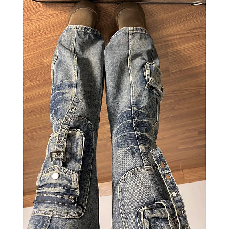 American Vintage Street Style Y2K Jeans Women's High-street Multi-pocket Cargo Flared Floor-grazing Jeans Casual Punk Long Pants