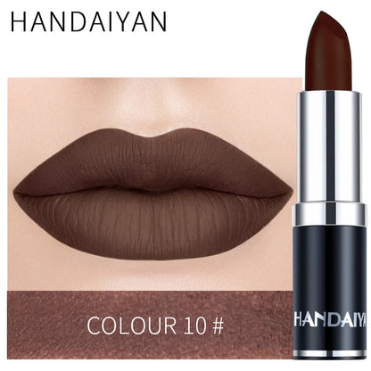 Blushimmer Handaiyan 12-color matte velvet lipstick set with long-lasting waterproof, non-stick cups in a sleek display.