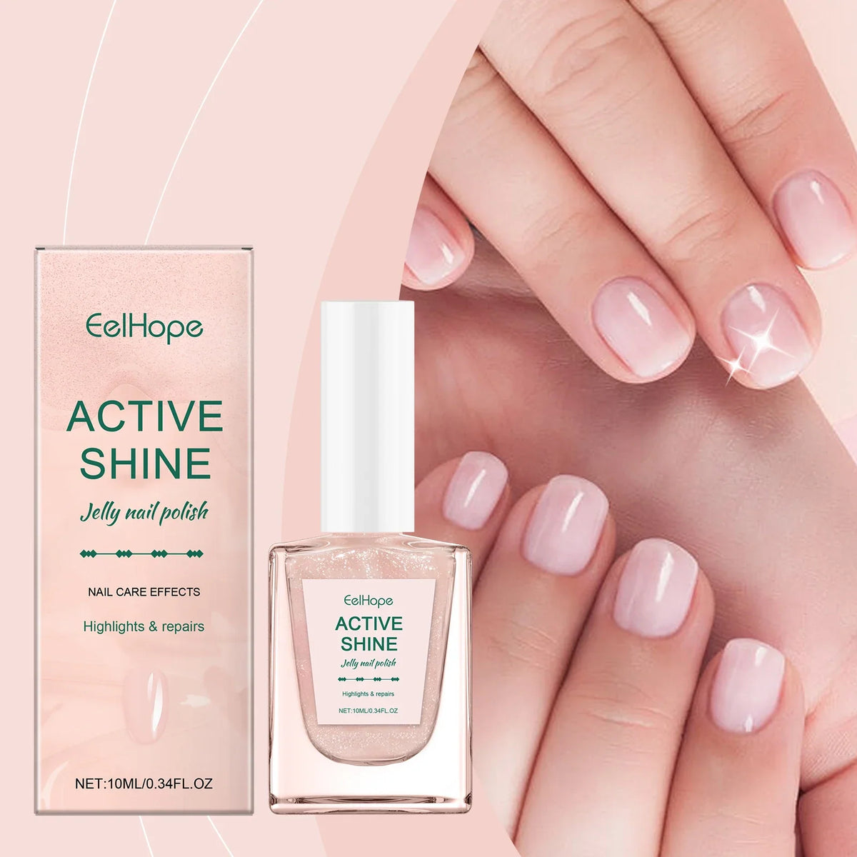Blushimmer transparent pink jelly nail polish with fine glitter, ideal for autumn and winter, offers a girly, skin-whitening look.