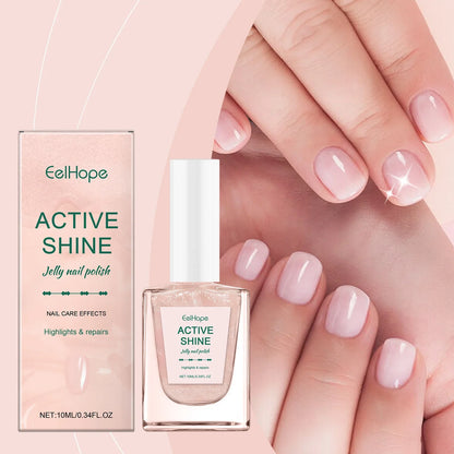 Blushimmer transparent pink jelly nail polish with fine glitter, ideal for autumn and winter, offers a girly, skin-whitening look.