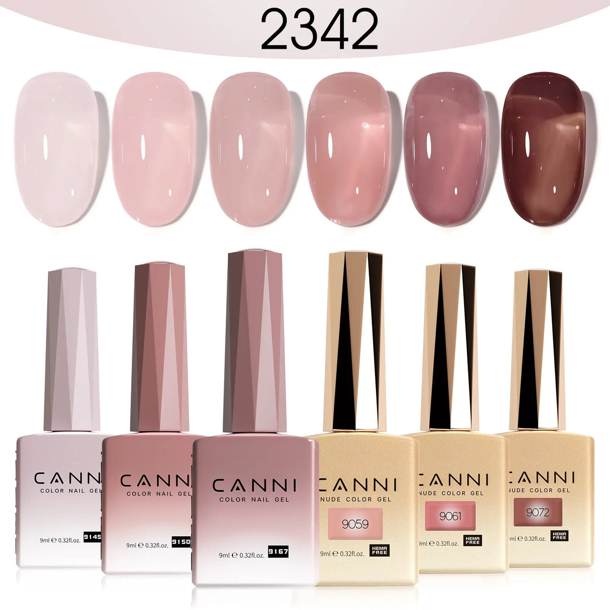 Blushimmer 6-pack CANNI nail gel polish kit with jade, nude, pink shades, HEMA free, perfect for French nail design and natural looks.