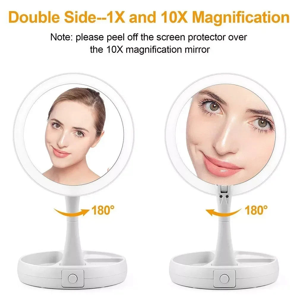 Blushimmer double-sided LED makeup mirror with dry battery and USB, 10x magnification, portable with built-in lighting.