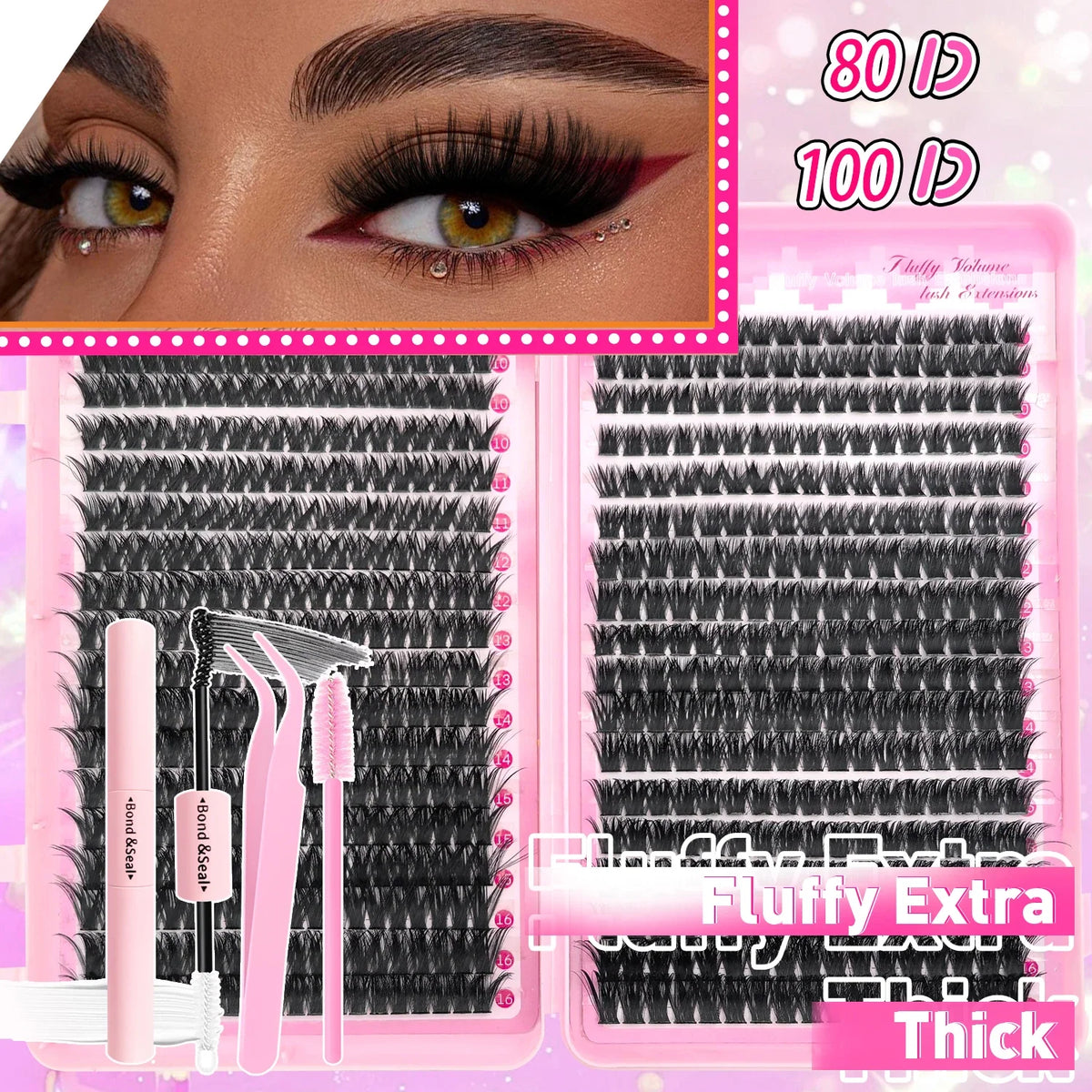DIY Lash Extension Kit Clusters Individual Eyelashes Kit 9-16mm with Bond and Seal Wispy Natural Mange Lashes