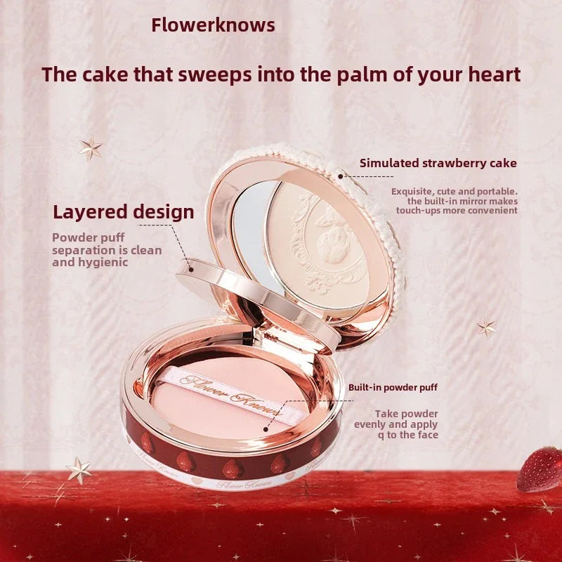 Blushimmer Flower Knows Strawberry Cupid pressed mineral powder foundation with concealer and finishing, vegan makeup product.