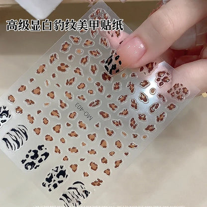 Pink and black 5D leopard print nail art stickers by Blushimmer, 8x10cm, featuring stylish leopard decal for DIY manicures.