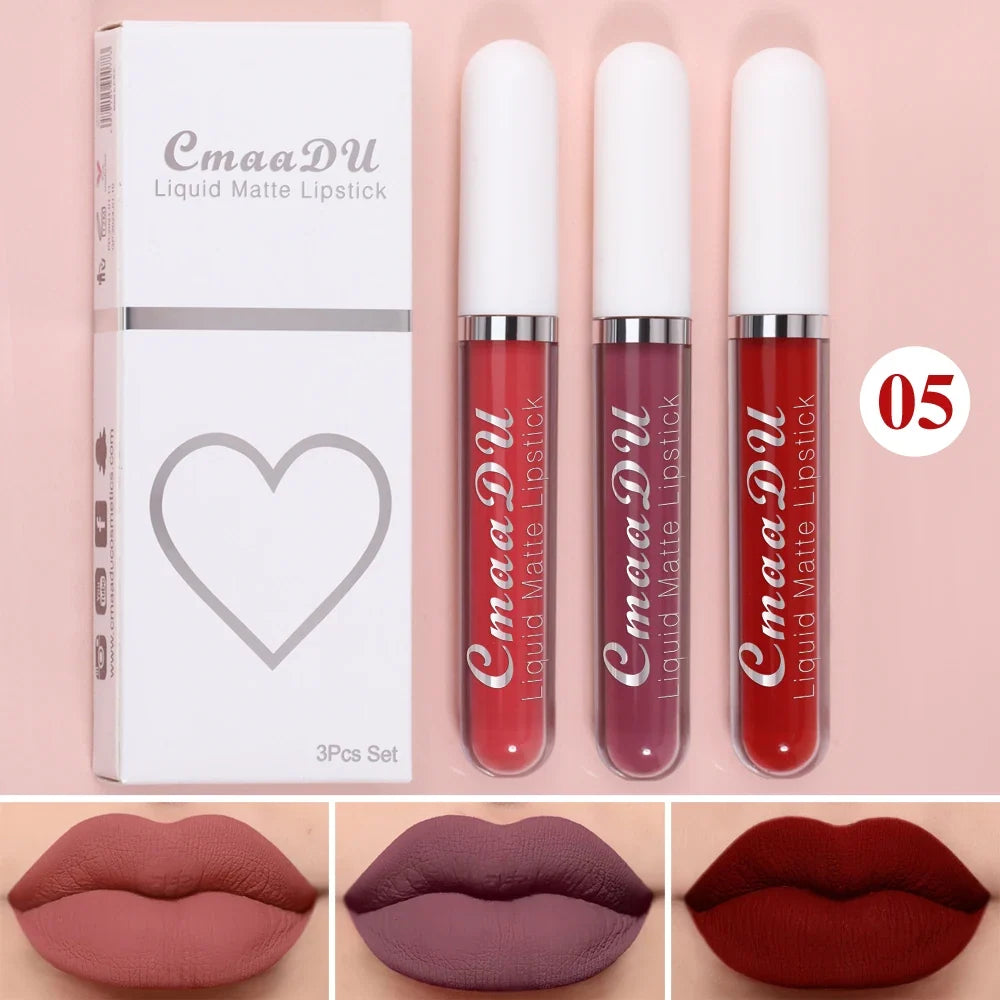 Blushimmer 3-piece matte lipstick and lip gloss set with long-lasting, waterproof, non-fading formulas, perfect for everyday or holiday wear.