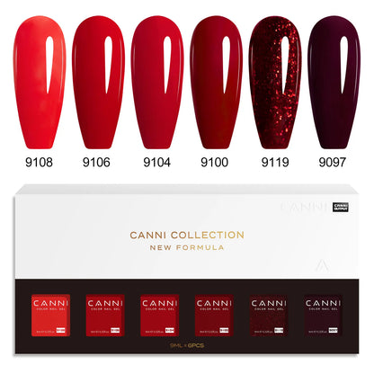 Six 9ml bottles of Blushimmer CANNI HEMA FREE gel nail polish in vibrant colors, arranged in a semi-permanent UV LED gel nails kit.