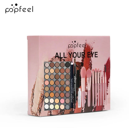 Blushimmer POPFEEL eye makeup set with 40-color eyeshadow palette, eyebrow pencil, eyeliner pen, mascara, and makeup brushes.