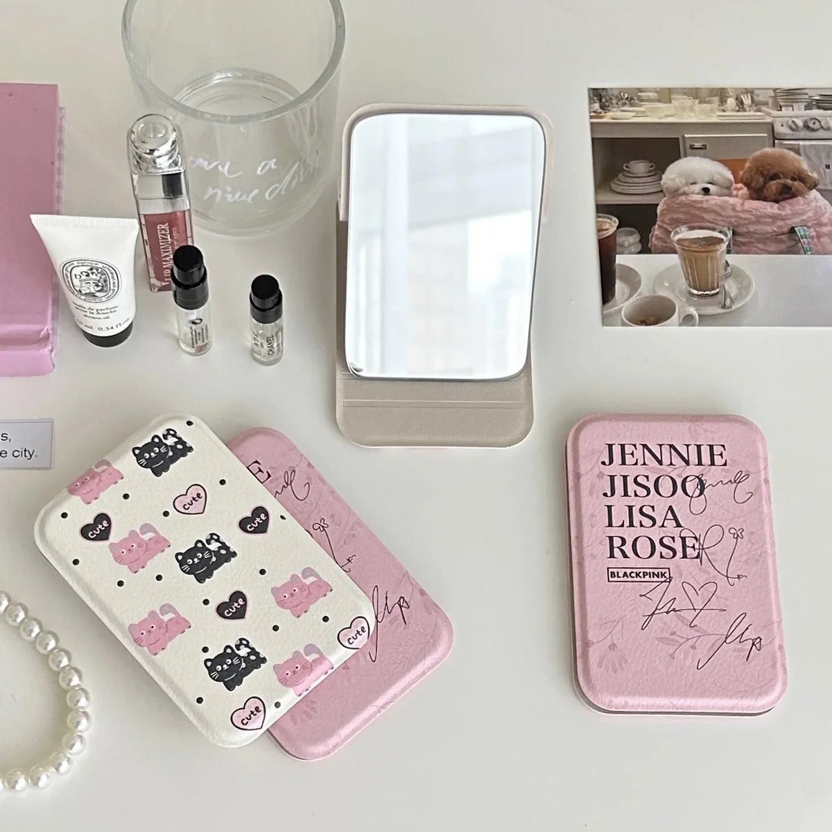 Blushimmer folding makeup mirror, portable handheld and desktop dressing mirror, compact and cute for girls' beauty routines