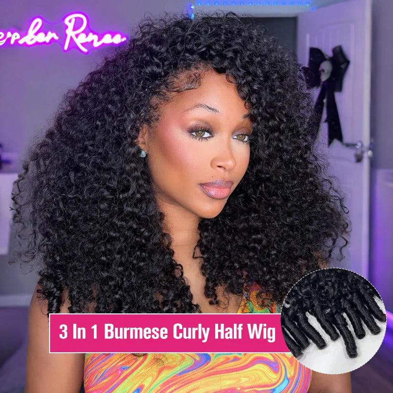 Selvanelle 300 density Burmese curly human hair wig for women, 4C afro kinky curls, 3-in-1 half wig, 100% human hair.