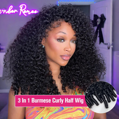 Selvanelle 300 density Burmese curly human hair wig for women, 4C afro kinky curls, 3-in-1 half wig, 100% human hair.