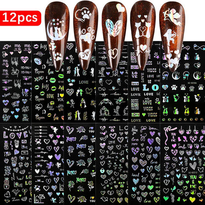 Set of 12 colorful cartoon dog and cat nail art stickers, 3D graffiti style, self-adhesive decals for creative nail designs.