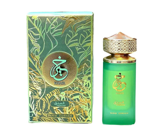 Blushimmer Paris Corner Pistachio Khair unisex perfume bottle, 3.4 fl oz EDP, featuring a stylish design for men and women.