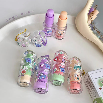 Blushimmer Gege Bear fruit-flavored lip balm keychain pendant with moisturizing, long-lasting lipstick and cute design.