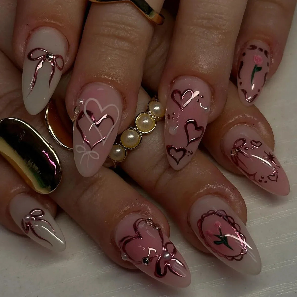 Blushimmer 24-piece wine red almond press-on nails with cartoon rabbit, bowknot, plaid, pearl designs, French style for girls